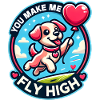 Flying dog with heart balloon