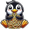 Clumsy penguin eats spaghetti