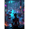 Cyberpunk woman cityscape.