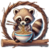 Cute raccoon eating ramen noodles