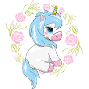 Happy baby unicorn in floral wreath with roses