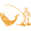 Silhouette del pescatore con canna da pesca e trota