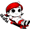 Kathi relaxes on a skateboard.