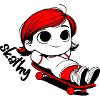 Kathy relaxing on a skateboard.