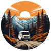 Van drives towards sunset