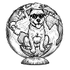 Dog with glasses on globe