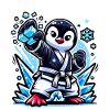 Karate Pinguin mit Eiskristallen