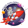 The astronaut and the red rocket in space