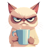 Grumpy-Stil: Grantige Katze mit Kaffee
