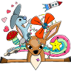 Süßes Reh, Hase Collage mit Regenbogen