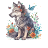 Wolf mit Blumen und Schmetterlingen