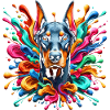 Süßer Dobermann mit bunten Farbklecksen
