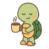 Schildkröte mit einer Tasse Kaffee (links)
