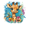 Cheerful giraffe with flowers