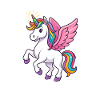 Maestoso unicorno con criniera arcobaleno e spilla