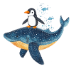 Penguin surfs whale shark