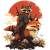 Waschbär Samurai reitet Fuchs Japan