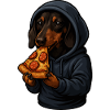 Dachshund in hoodie eating pizza