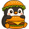 Süßer Pinguin mit Hamburger Cheeseburger Fast