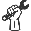 Logo della chiave inglese che tiene la mano. Strumento pugno e chiave inglese