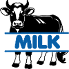 Dairy cow with blue text 'MILK'