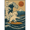 White Cat Surfing Wave Japanese Art Mount Fuji