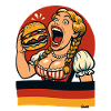 Dirndl-Frau isst Riesen-Burger