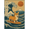 Corgi Hund Surfing Bølge Mount Fuji Japansk Kunst