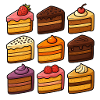 Nine hand-drawn kawaii-style cake slices