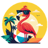 Flamingo, beach ball and palm trees