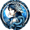 Asian woman, blue eyes, dragon, illustration