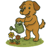 Cheerful dog watering flowers