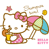 Hello Kitty på stranden under en parasol