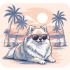 Zwergspitzer Hund mit Brille am Strand