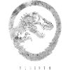 Jurassic World Rebirth logo med T-Rex i stenlook