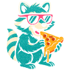 Raccoon in sunglasses eating pizza