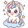 Unicorno kawaii su nuvola con stelle arcobaleno