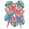 Exotic parrots with tropical flowers