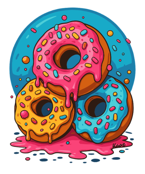 Tres rosquillas de colores con glaseado y chispas