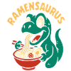Funny dinosaur eating ramen noodles