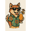Hund mit Hawaii-Hemd und Cocktail