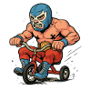 Wrestler with mask on tricycle