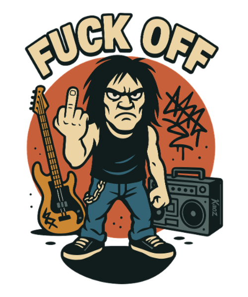 Rocker met gitaar, boombox en „Fuck Off“ slogan
