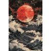 Luna roja sobre mar tormentoso