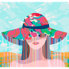 Frau mit psychedelischem farbigem Hut
