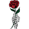 Skeletthand hält rote Rose