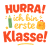 Erste Klassenbeginn Schriftzug mit Schulranzen