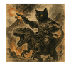 Samurai-Katze reitet auf Dinosaurier bei Vulkanausbruch