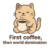 Katze mit Kaffeetasse und Phrase