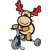 Laughing cartoon reindeer rides tricycle